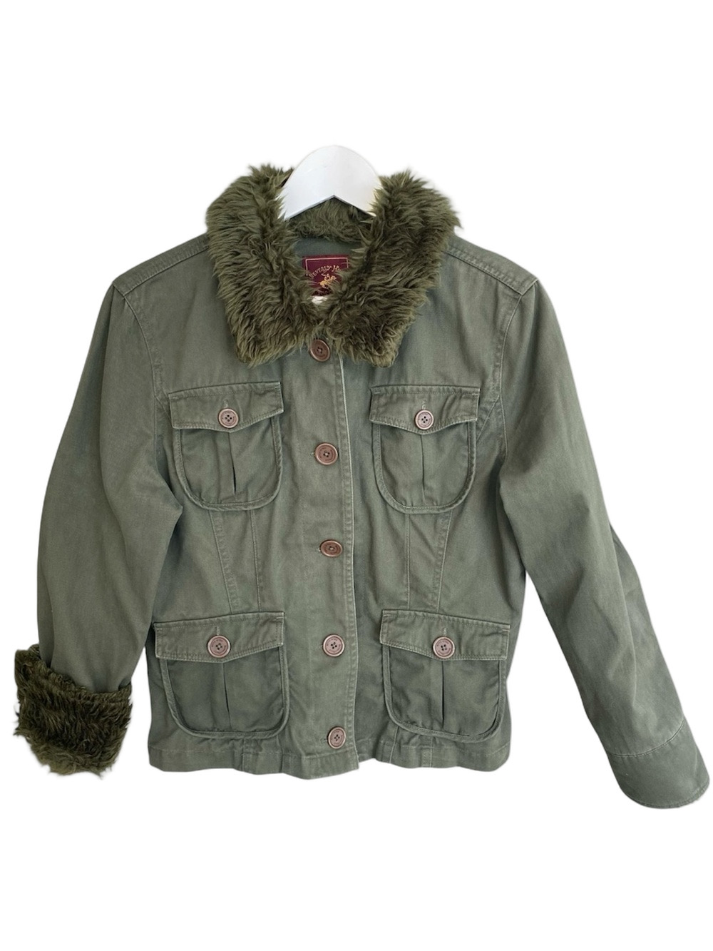 BEVERLY HILLS POLO CLUB Utility Jacket Faux Fur Collar Olive Green Women Size L